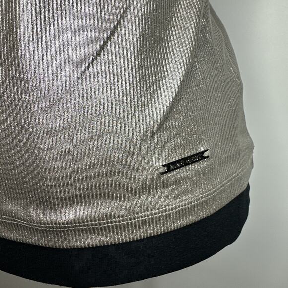 Nine West Metallic Ribbed Stretch T-Shirt XS Silver Brown Cybercore Y2K Top - Picture 7 of 10